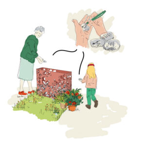 Une dame et sa petite fille déposant des messages dans une stèle cimélo