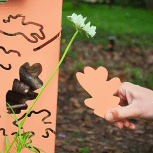 photographie d'un objet de mémoire de couleur ocre rosée à côté d'une stèle cimélo